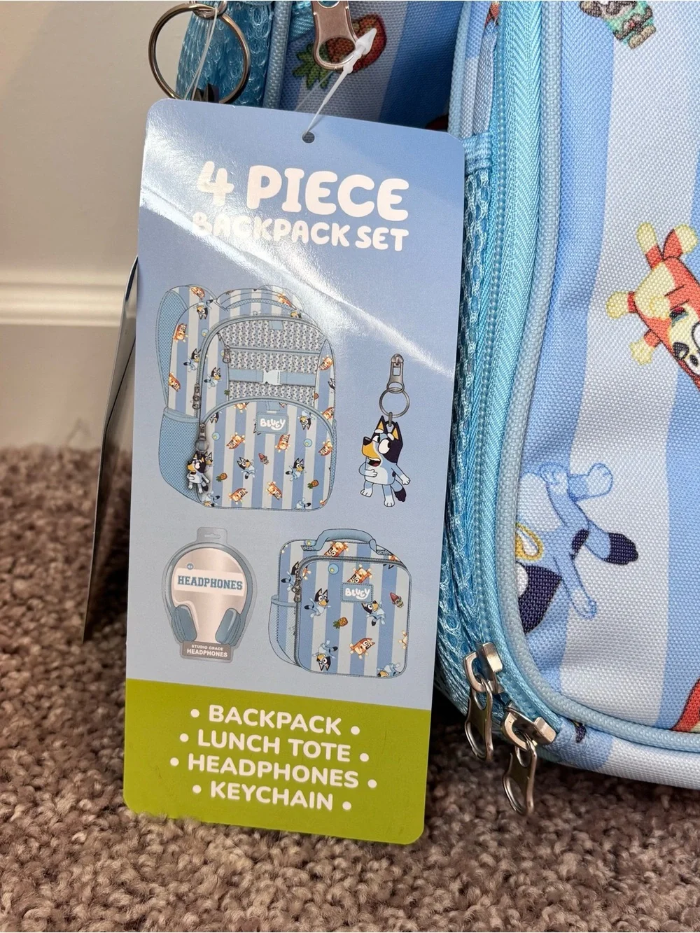 Bluey New Kids 4 Piece School Backpack, Lunchbox, Headphones, and Keychain Set